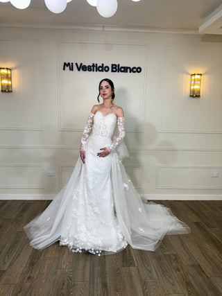 Mi Vestido Blanco - Vestido de Novia corte Sirena con Encaje Floral y Cauda Desmontable