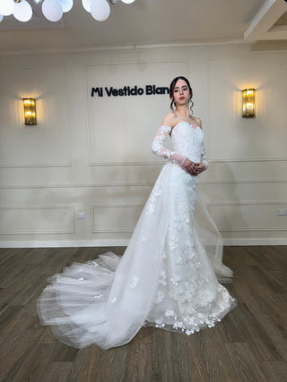 Mi Vestido Blanco - Vestido de Novia corte Sirena con Encaje Floral y Cauda Desmontable