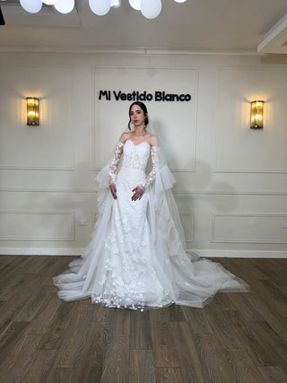 Mi Vestido Blanco - Vestido de Novia corte Sirena con Encaje Floral y Cauda Desmontable