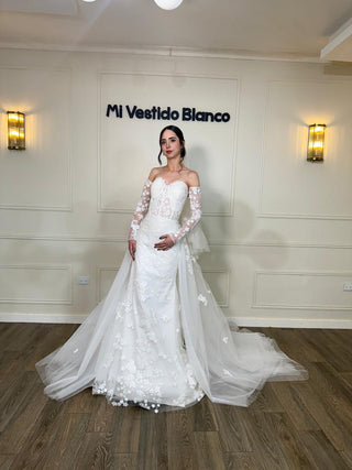 Mi Vestido Blanco - Vestido de Novia corte Sirena con Encaje Floral y Cauda Desmontable