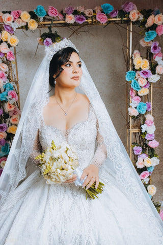 Mi Vestido Blanco - Vestido de Novia Corte Princesa con Mangas Largas ilusión, Pedrería fina y Cauda de 3 metros
