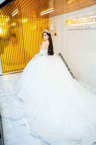 Mi Vestido Blanco - Vestido de Novia con escote corazón con pedrería y mangas desmontables