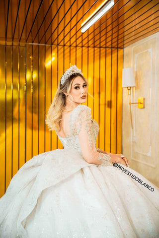 Mi Vestido Blanco - Vestido de Novia con Mangas Largas ilusión, Escote Transparente, Cauda Larga de 3 metros y Moño