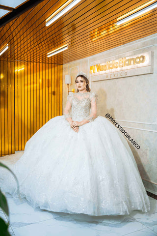 Mi Vestido Blanco - Vestido de Novia con Mangas Largas ilusión, Escote Transparente, Cauda Larga de 3 metros y Moño