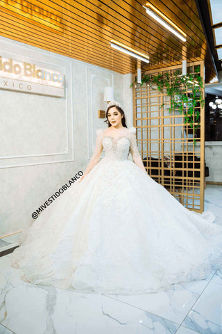 Mi Vestido Blanco - Vestido de Novia Mangas Larga con Pechera desmontable con Pedrería