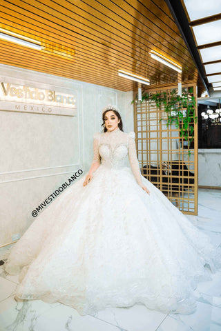 Mi Vestido Blanco - Vestido de Novia Mangas Larga con Pechera desmontable con Pedrería