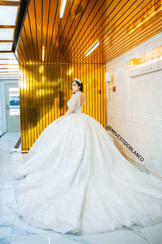 Mi Vestido Blanco - Vestido de Novia Mangas Larga con Pechera desmontable con Pedrería