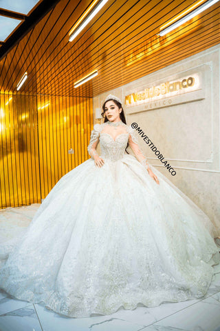 Mi Vestido Blanco - Vestido de Novia Escote Corazón con Pedrería y Perlas, Escote tipo Reina Anne y Manga Larga Desmontable