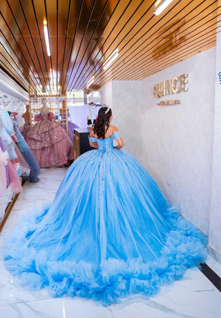 Mi Vestido Blanco - Vestido de Quince Años Azul con Falda ultra esponjada en Tul con Brillo