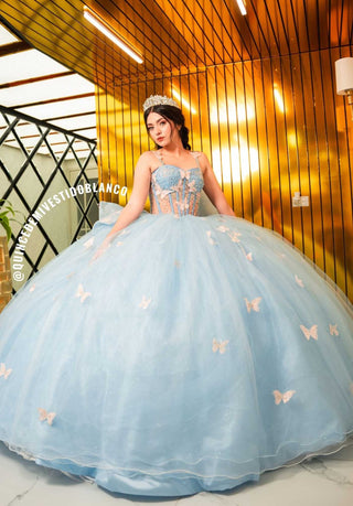 Mi Vestido Blanco - Vestido de Quinceañera con Mariposas 3D y Moño de 5 metros