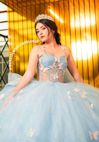 Mi Vestido Blanco - Vestido de Quinceañera con Mariposas 3D y Moño de 5 metros