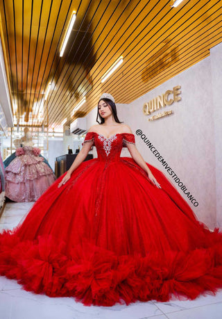 Mi Vestido Blanco - Vestido de Quince Años Rojo con Falda ultra esponjada en Tul con Brillo