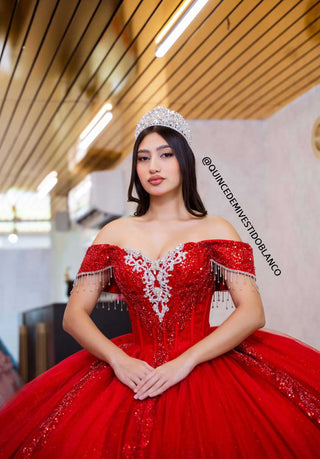 Mi Vestido Blanco - Vestido de Quince Años Rojo con Falda ultra esponjada en Tul con Brillo