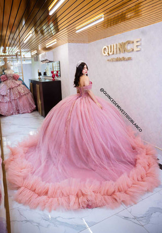 Mi Vestido Blanco - Vestido de Quince Años Rosa con Falda ultra esponjada en Tul con Brillo