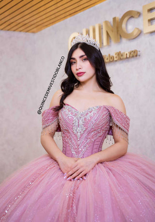 Mi Vestido Blanco - Vestido de Quince Años Rosa con Falda ultra esponjada en Tul con Brillo