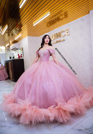 Mi Vestido Blanco - Vestido de Quince Años Rosa con Falda ultra esponjada en Tul con Brillo