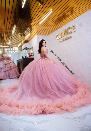 Mi Vestido Blanco - Vestido de Quince Años Rosa con Falda ultra esponjada en Tul con Brillo