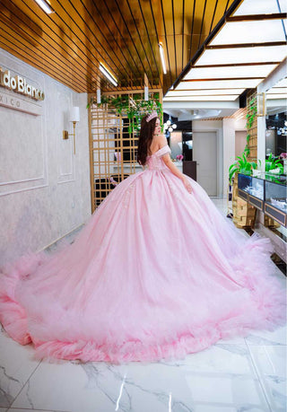 Mi Vestido Blanco - Vestido de Quince Años Rosa Palo con Falda ultra esponjada en Tul con Brillo