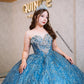 Vestido de quinceañera azul plumbago con destellos plata y cauda desmontable