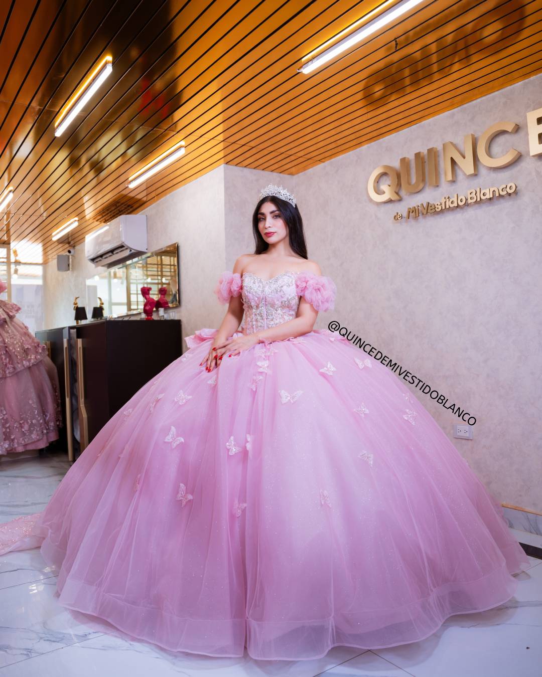 Vestido de quinceañera rosa con corset, moño gigante y mariposas