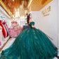 Vestido de quinceañera verde estilo mexicano con corset bordado y falda ampona