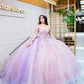 Vestido de quinceañera rosa con lila estilo mexicano con corset bordado y falda ampona