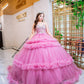 Vestido de quinceañera rosa corte princesa con tul bordado y cauda desmontable