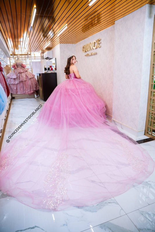 Vestido de quinceañera rosa corte princesa con tul bordado y cauda desmontable