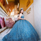 Vestido de quinceañera azul plumbago con destellos plata y cauda desmontable