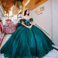 Vestido de quinceañera verde estilo mexicano con corset bordado y falda ampona